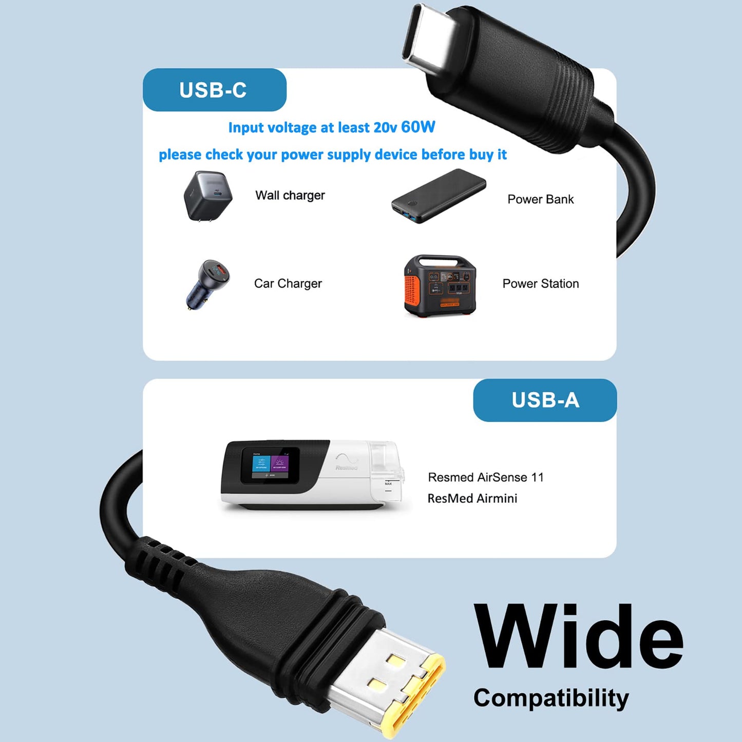20V PD USB-C DC Coverter cable for ResMed AirSense 11 AutoSet CPAP ResMed 390010 R390-7230 Air11 ResMed Airmini 65W 20W Power Supply ResMed CPAP Power Cord