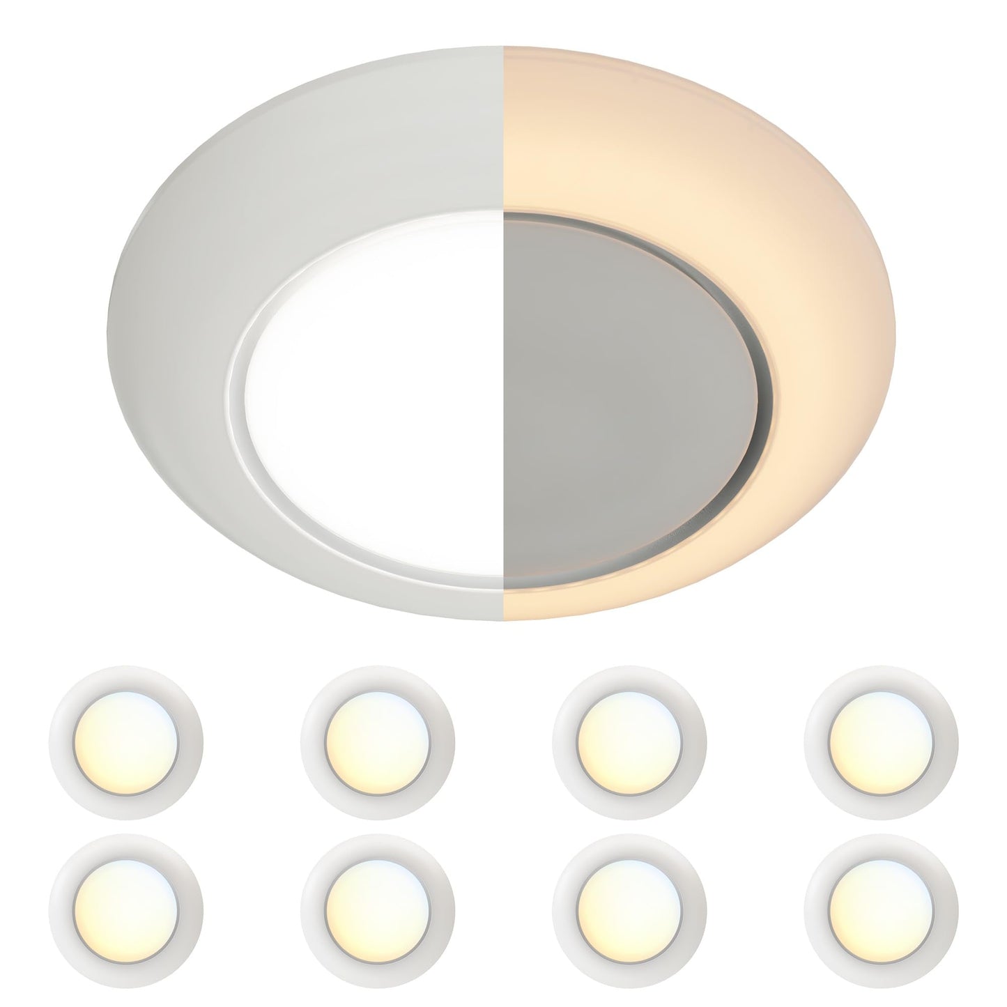 JULLISON 6 Inch LED Low Profile Disk Light with Night Light, 120VAC, 15W, 5CCT Color Changing, 1000LM, Dimmable, ETL, Shower Wet Rated Screw in Flush Mount Ceiling Light, White/8 Packs
