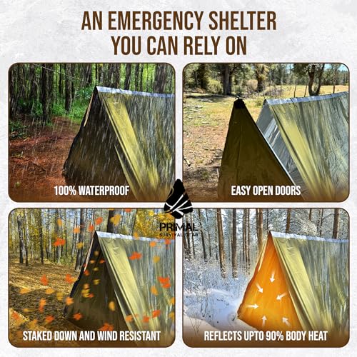 Primal Survival Gear Orange Polyester Survival Tent with Doors - Compact, Durable, All-Season Shelter for Camping, Hiking,...