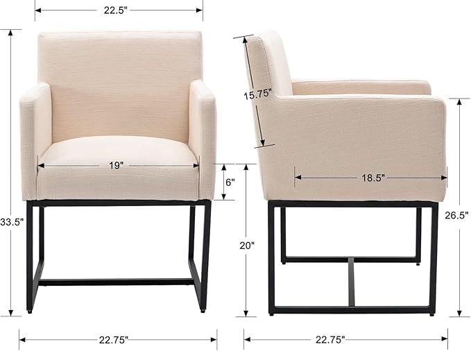 BESTANO Linen Upholstered Dining Chairs with Arms Set of 6 Mid Century Modern Accent Chairs Armchairs with Black Metal Frame, Modern Kitchen & Dining Room Chairs, Cream