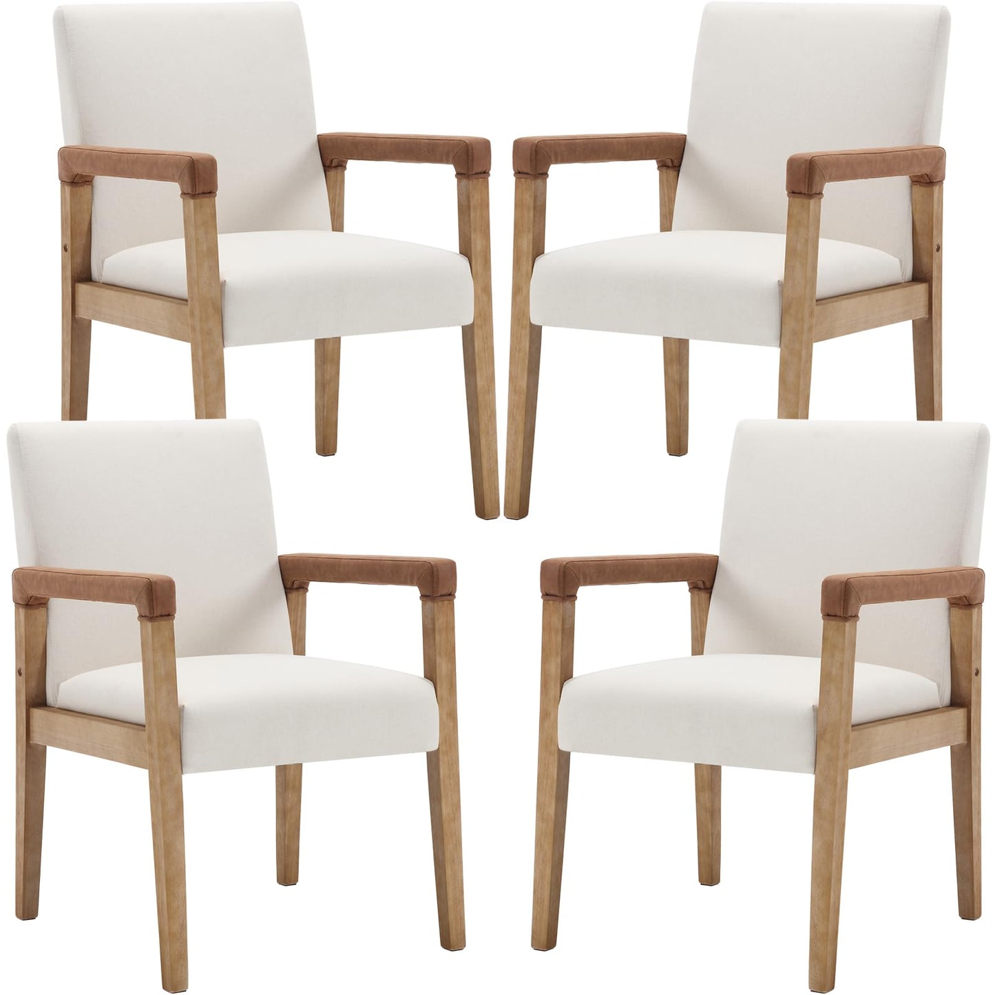 LZAREAL Mid Century Modern Dining Chairs Set of 4 Fabric Upholstered Living Room Side Chair, Kitchen Arm Chair with Solid Wood Legs for Home Restaurant, Linen White