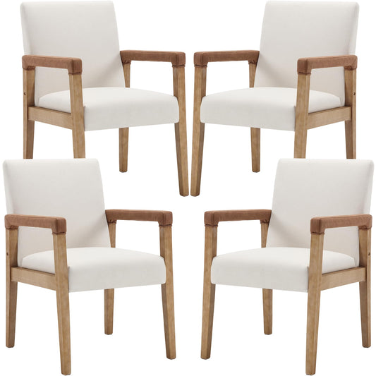 LZAREAL Mid Century Modern Dining Chairs Set of 4 Fabric Upholstered Living Room Side Chair, Kitchen Arm Chair with Solid Wood Legs for Home Restaurant, Linen White
