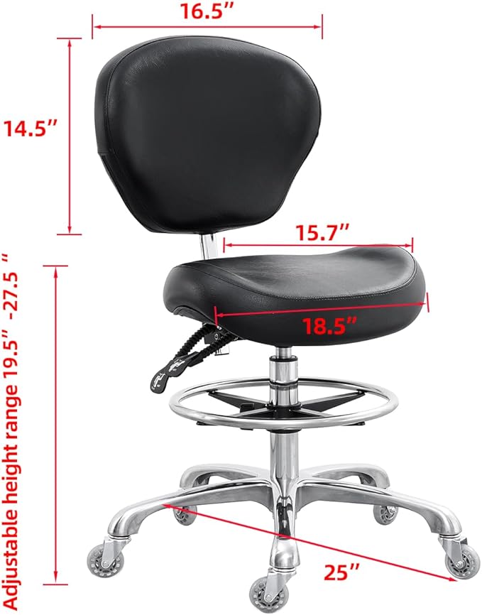 Grace&Grace Drafting Chair Adjustable Tall Shop Stool, Rolling Stool with Back Support for Studio, Classroom, Lab, Counter, Medical (Black)