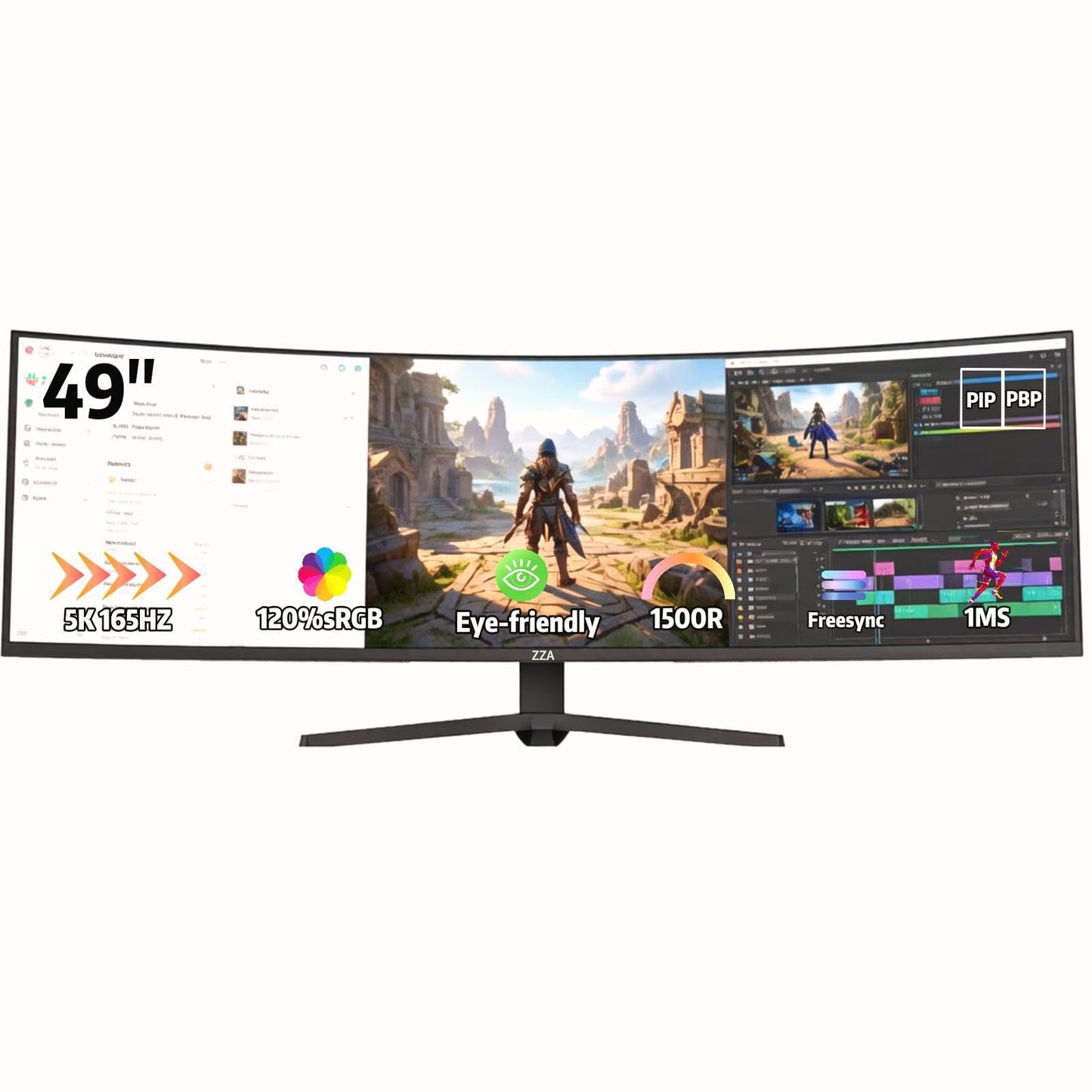 ZZA 49 Curved Gaming Monitor | DQHD(5120 * 1440), 144Hz/165Hz, 1500R, 32:9, AMD FreeSync, 120% sRGB, Height Adjustable Ultra-Wide Screen Monitors, HDMI 2.1 & DP 1.4, Wall Mount Install 75x75mm- Black