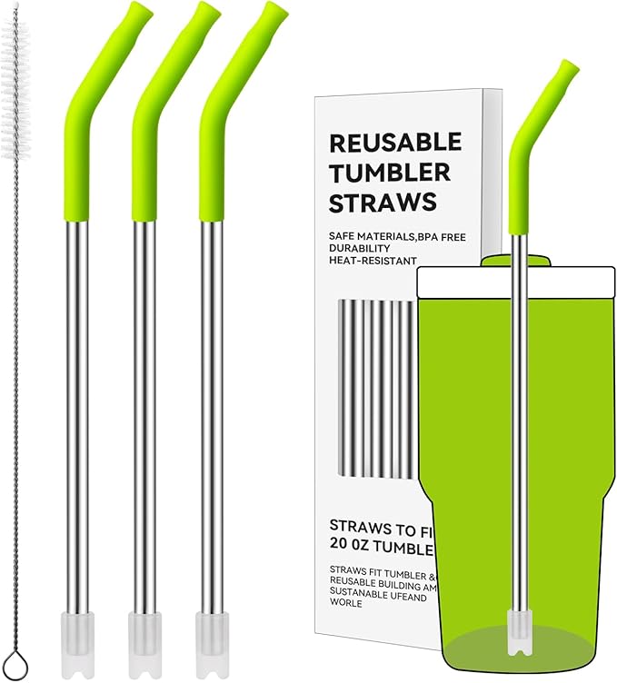 Reusable Metal Straws with Silicone Tip for Stanley 20oz,Stainless Steel Drinking Straws for 20oz Tumbler,3 Straight Tubes & 6 Tips& 1 Cleanr Brush(Bright Lime)