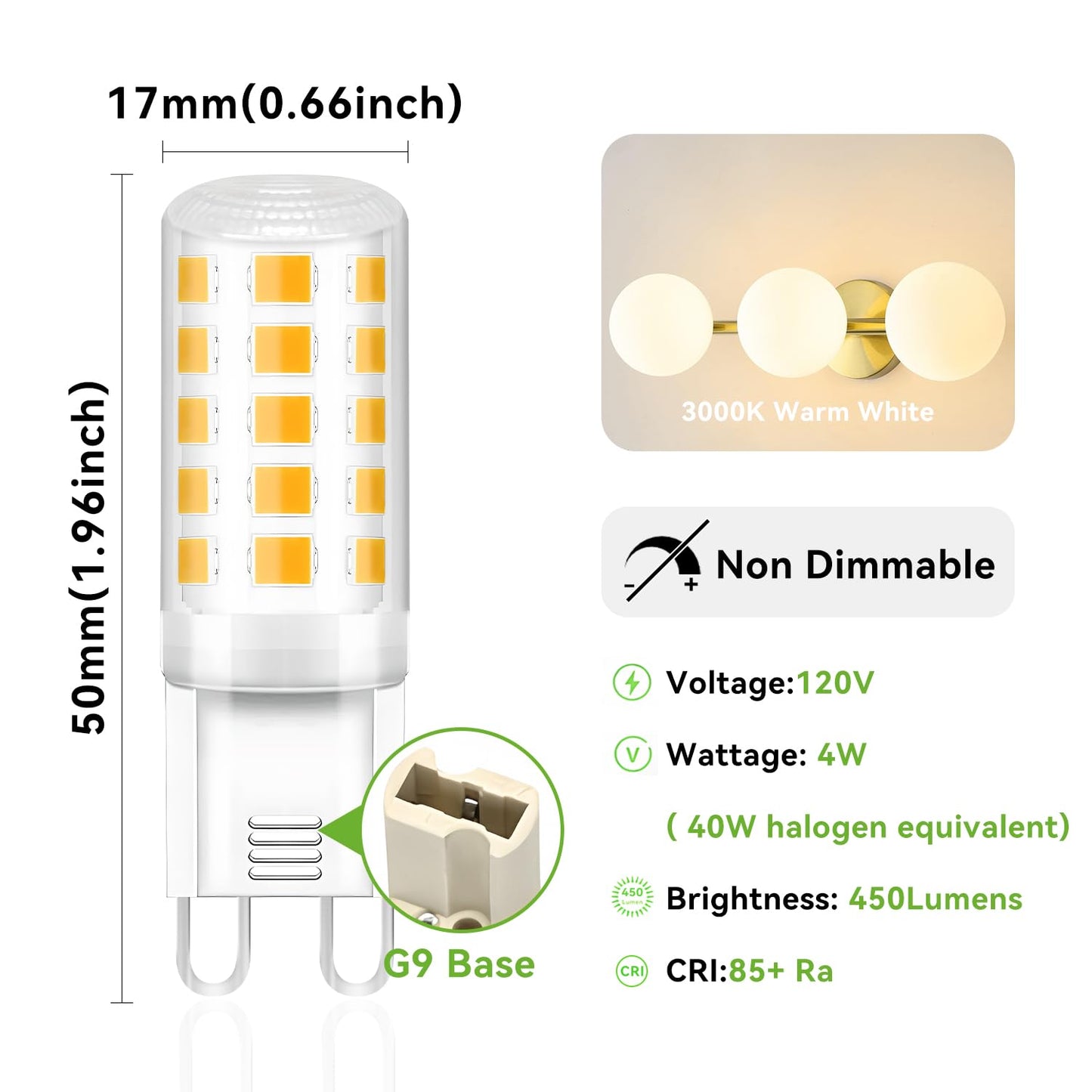 TJOY 12 Pack G9 LED Bulb 4W Equivalent 40 Watt, Replacement G9 Halogen Light Bulb, 3000K Soft Warm White, T4 Bi-pin Base, Small G 9 Socket for Chandelier, 120V, 450 Lumen, Non-dimmable