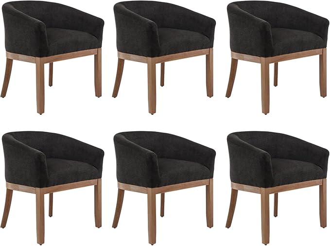Shenyon Black Dining Chairs Set of 6, Upholstered Linen Fabric Dining Room Chairs with Arms and Solid Wood Legs, Comfy Barrel Accent Chairs for Dining Room, Living Room, or Cafe