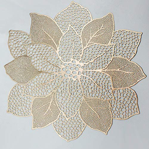 Gold Round Placemats for Dining Table Set of 6 Pressed Vinyl Metallic Table Mats Hollow Out Hibiscus Flower Place Mats for...