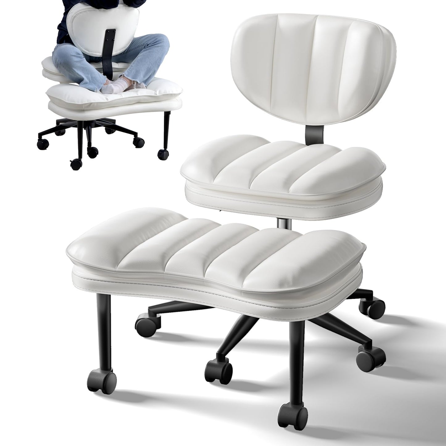 HOMRELEXA Cross Legged Office Chair, Ergonomic Cloud Criss Cross Desk Chair, Meditation Chair with Wheels, Height Adjustable Seat for ADHD, Wide Kneeling Chair with Back Support