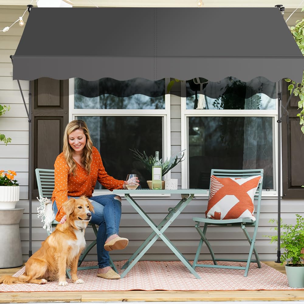 SMONTER Manual Retractable Awning, 118" Non-Screw Outdoor Patio Awning Sunshade Shelter, Height Adjustable Sunshade Patio Door Window Awning Canopy for Backyard, Garden, Balcony, Gray