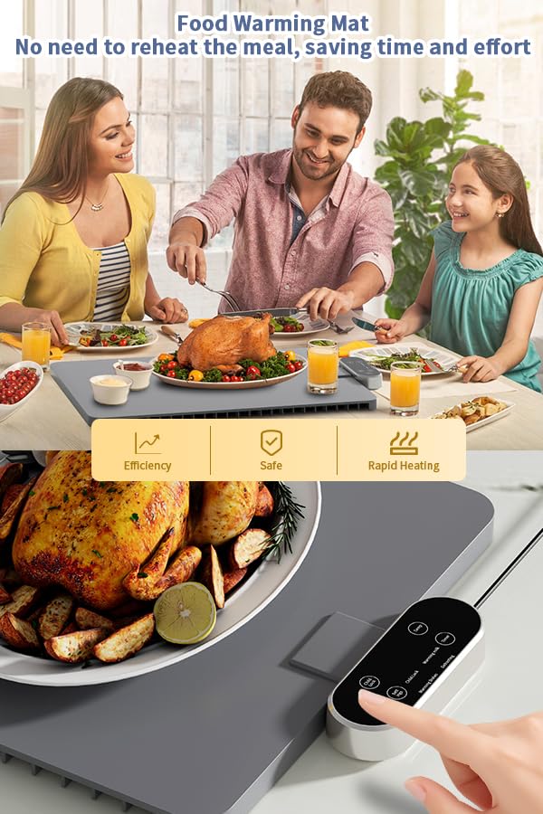 Food Warming Mat, Silicone Full Surface Heating Warming Mat for Food with 6 Temperature Settings, Timer and Child Lock, Electric Roll Up Food Warmers Tray for Parties Buffet,Home and Commercial Use.