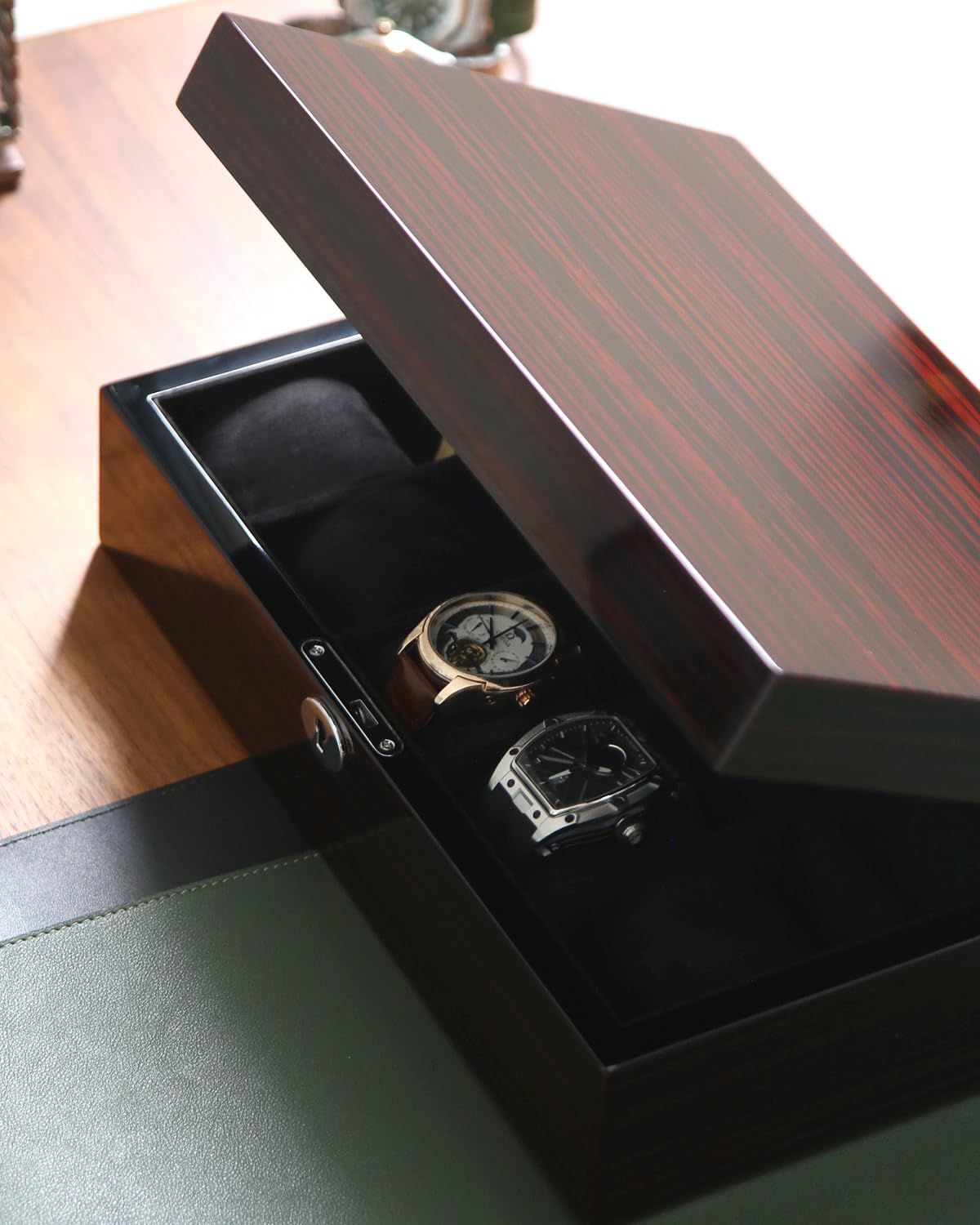 Bonaking 10-Slot Watch Storage Box with Windowless Lid, Ebony Wood Grain, High Gloss Finish, Lock & Velvet Interior, Fits Watches up to 57mm – Luxury Watch Organizer Gift for Men