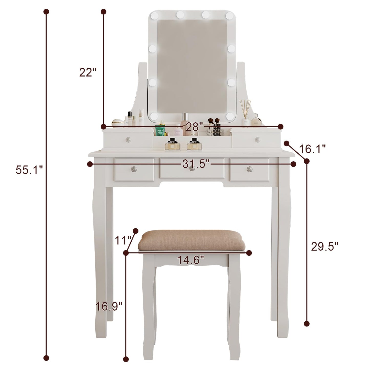 Make Vanity Desk with Lights and Mirror Makeup Vanity with Lights Bench Set Vanity Table with Lights with Drawers Vanity Mirror with Lights Desk and Chair