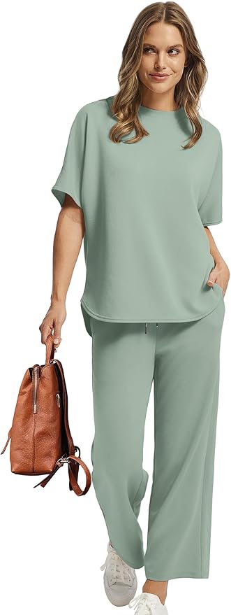 Sampeel Two Piece Sets for Women Summer Outfits Oversized Wide Leg Crop Pants Lounge Sets Airport Beach Vacation Clothes