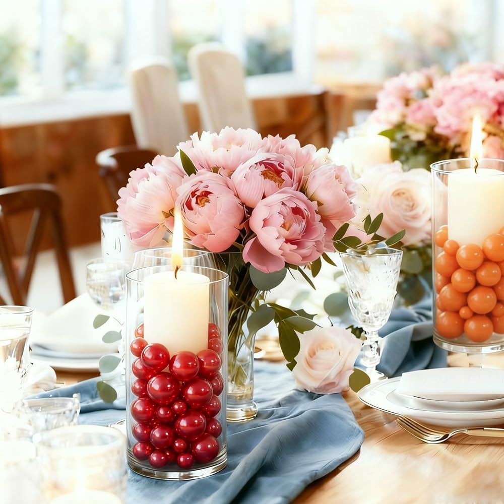 Pearl Beads No Hole Pearls for Crafting 180 Pcs Fake Pearls Faux Pearls for DIY Crafts Jewelry Making Vase Filler Floating Candle Wedding Birthday Party Home Decorations (Red & Orange, 8/10/14/20mm)