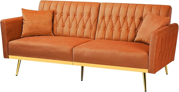 ACMEASE 70” Velvet Futon Sofa Bed w/Adjustable Armrests & 2 Pillows, Convertible Futon Couch w/Adjustable Backrests, Modern Sleeper Bed for Living Room, Bedroom, Orange