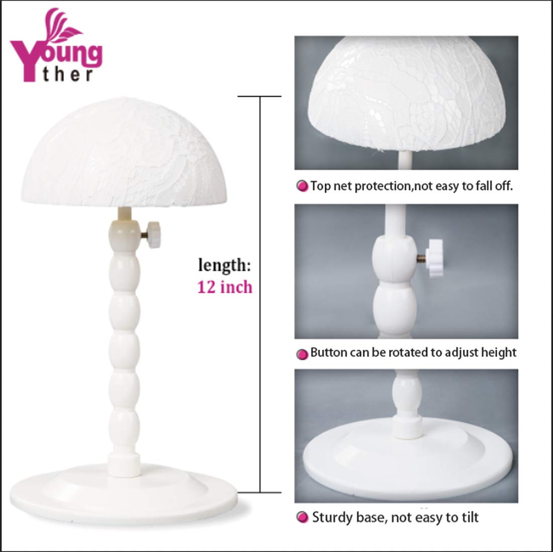 Youngther Wig Stand Adjustable Height Hat Display Portable Folding Wig Head Holders Plastic Wig Stand for Styling Wig Hair Dryin