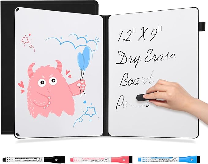 AGM Portable White Board Dry Erase Notebook, 12" x 9" Double Sided Folding Whiteboards with 3 Pens, Small Travel Dry Erase...