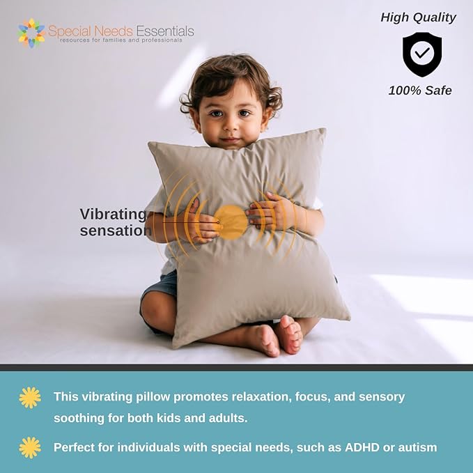 Special Needs Essentials FocusPad Throw Pillow – Gray Vibrating Sensory Cushion for Kids & Adults | Comfort, Calm & Focus for Sensory Needs and ADHD Portable Therapy Pillow
