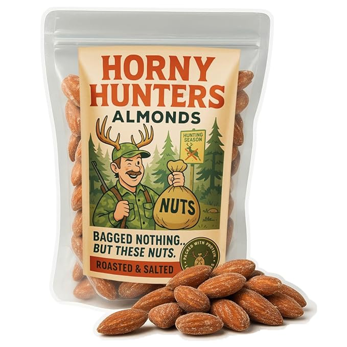Horny Hunters Almonds - A Bold Roasted Snack for Outdoorsmen on the Trail. Funny Gag Gift for Hunters, Camo Men, and Deer ...