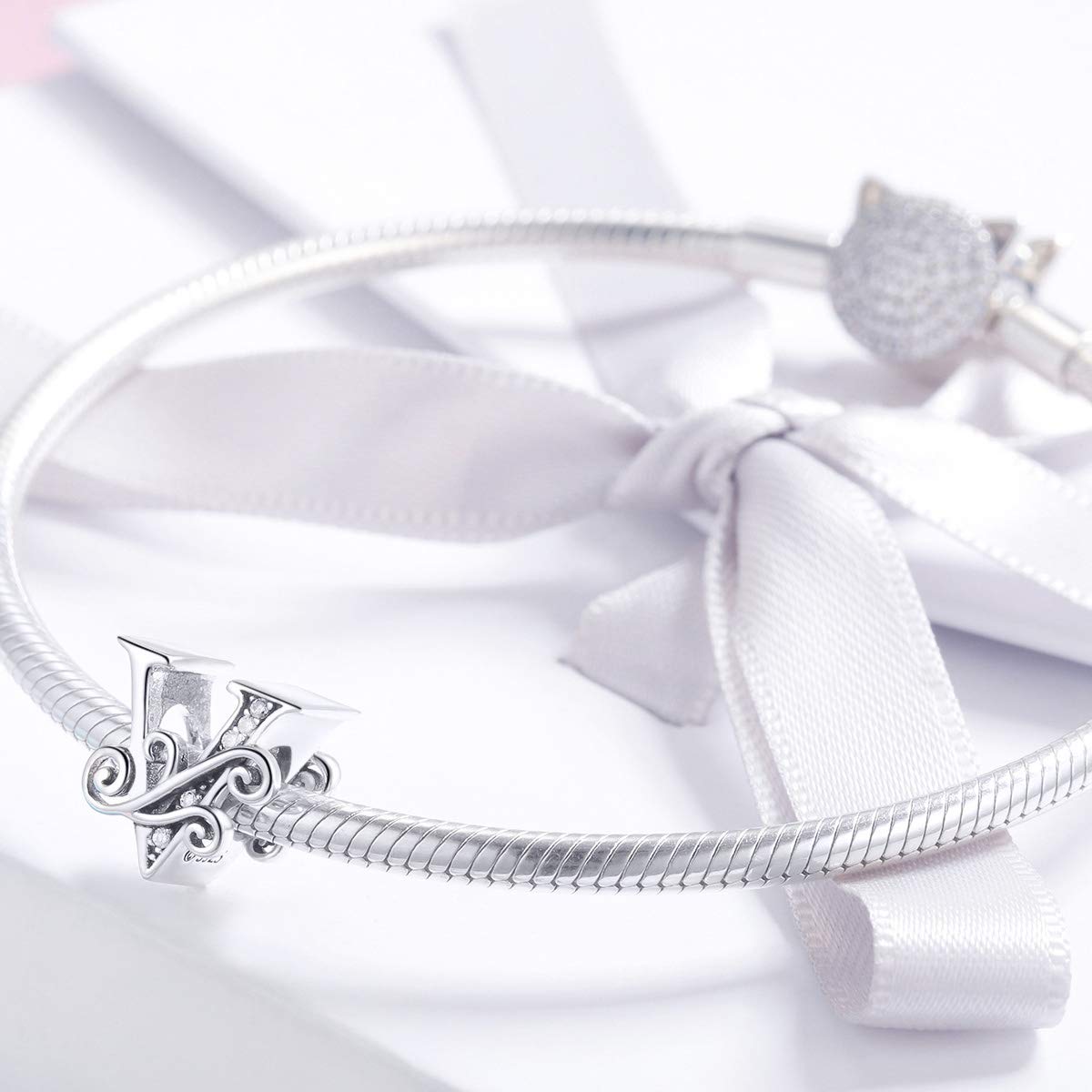 BISAER 925 Sterling Silver Initial Letter V Charms for Bracelets Alphabet Beads Charm Jewelry Gifts
