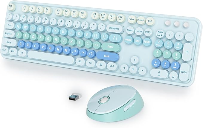 Wireless Keyboard and Mouse Set, Retro Typewriter Keyboard, 2.4GHz Full Size 104-Key Cute Keyboard with Number Pad, Colorful with Round Keycaps for Windows PC Laptop(Blue)
