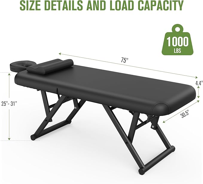 pouseayar Adjustable Massage Table with Face Pillow & Headrest, Sturdy and Solid, Silent and Easy to Adjust - Adjustable Backrest, Black