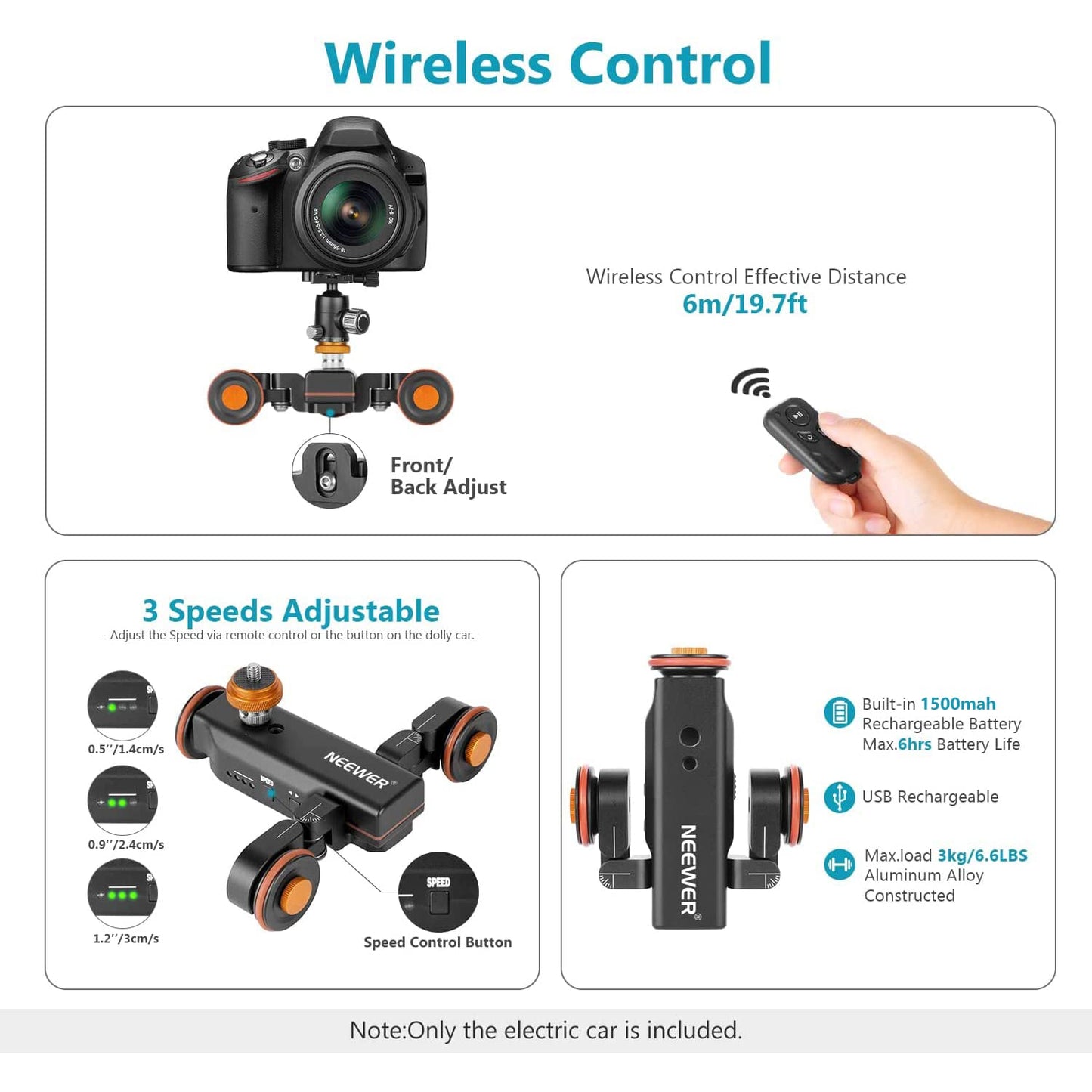 Neewer 3 Wheels Wireless Video Camera Dolly, 3 Speed Motorized Electric Track Rail Slider Dolly Car With Remote Control, Compati