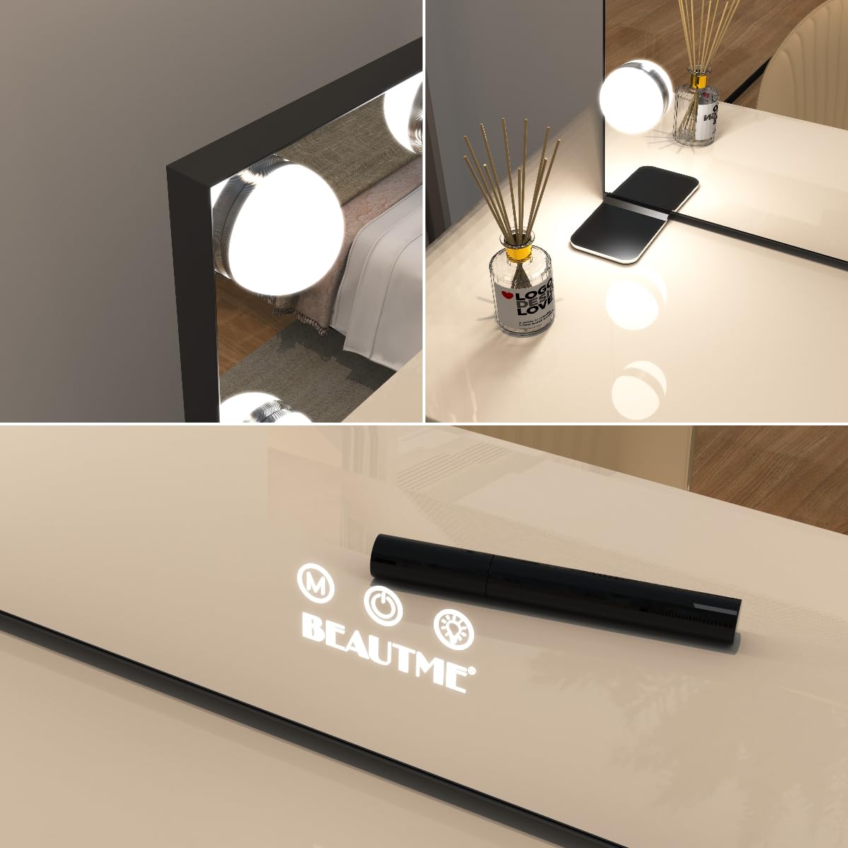 BEAUTME Large Vanity Mirror with Lights, 35.9''×24.3'' Hollywood Makeup Mirror with 16 Dimming LED Bulbs, 3 Lighting Modes, Touch Control, Tabletop or Wall Mounted, Black