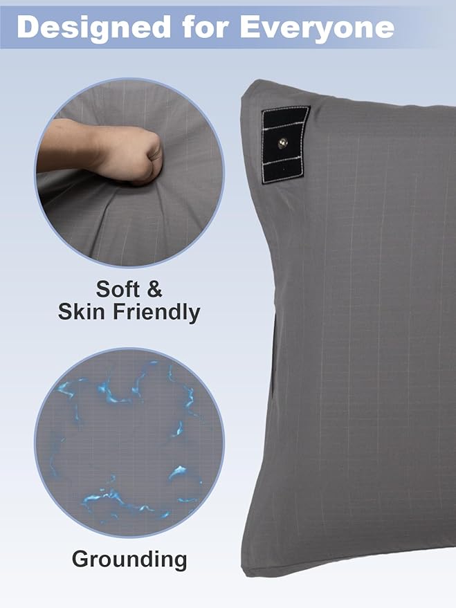 YOUBLAO Grounding Pillowcase, 90% Organic Cotton and 10% Silver Fiber Grounding Pillow Case with 15ft Grounding Cord, Gray Sleep Pillow 20x30 inch for Improve Sleep Improving Energy