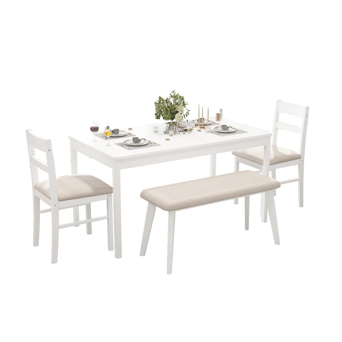 Orweiin 4-Piece Solid Wood Indoor Modern Rectangular Dining Table Set for 4 with Chairs and Bench,Table and Chairs Set with Soft Cushions for Kitchen,Bar,Living Room,Breakfast Nook,White