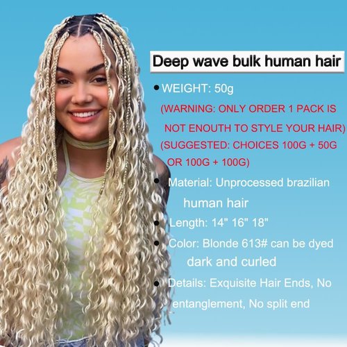 Heyloo Hey my wig 613 Blonde 22 Inch 2 Bundles 100g Boho Human Braiding Hair Curly Deep Wave Bulk Unprocessed Brazilian Virgin Water Wave Human Braiding Hair for Boho Braids Wet and Wavy