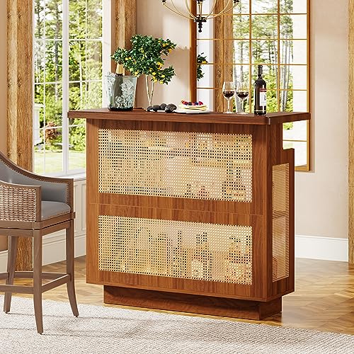 Tribesigns Rattan Home Bar Unit, Farmhouse 4-Tier Bar Table with 4 Stemware Racks and Heightened Base, Liquor Wine Bar Cab...