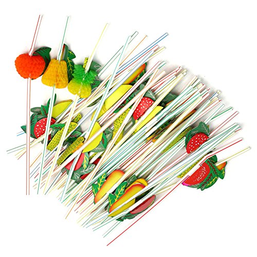 100 Pcs Disposable Flexible Bendable Fruit Straws Table Decor Tropical Drinks - Soft Drinks Hawaiian Cocktail Bars Restaur...