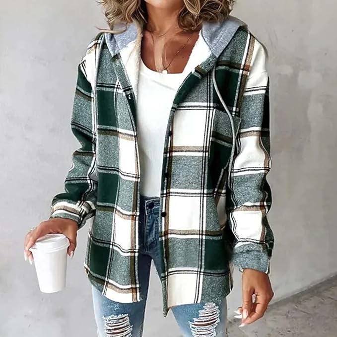 Women's Plaid Jacket, Fleece Lined Hooded Coat for Cold Weather