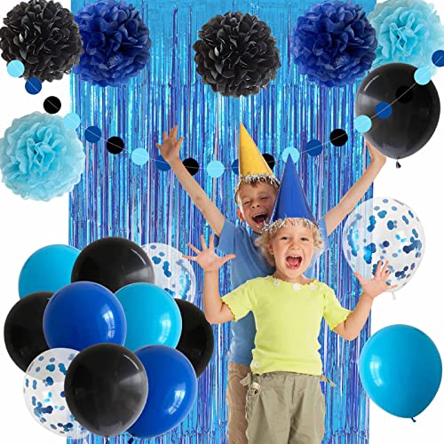 ANSOMO Blue and Black Happy Birthday Party Decorations for Boys Men Banner Balloons Navy Royal Light Blue Pom Poms Foil Cu...
