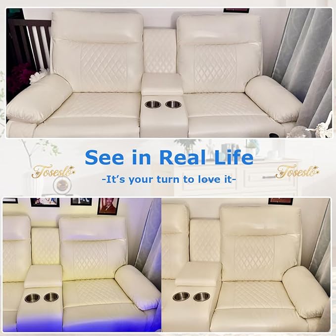 Toseslo 3 Piece Living Room Sets Furniture, Power Recliner Sofa Set with LED Light, Sanded Leather Reclining Sofa Sectional Couches with Cup Holders/Storage Console for House(Vanilla White)