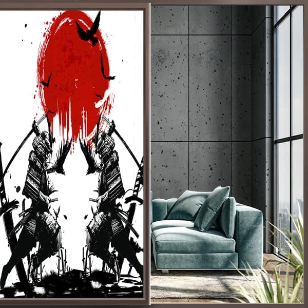 Japanese Samurai Stained Glass Film Watercolor Ink Samurai Sword Red Sun Printwindow Tinting Film for Home,Window Film Stained Glass 35.4Wx78.7L-Inch X1Pcs