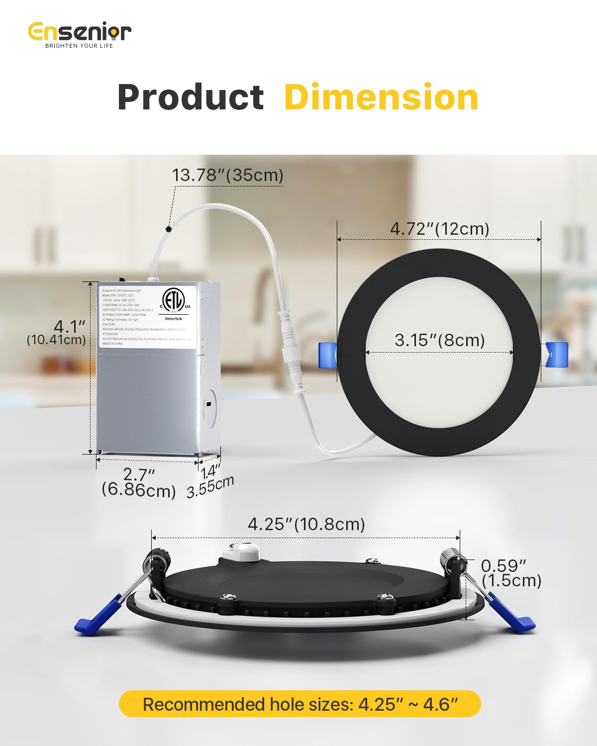Ensenior 6 Pack 4 Inch LED Recessed Light, Dimmable, 2700K-5000K 5CCT, 750LM High Brightness, 9W 120V, Damp Rated, Ultra-Thin Canless Wafer Light, Black - ETL & FCC & IC