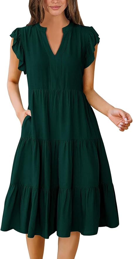ANRABESS Womens Summer Dress Ruffle Sleeve V Neck Midi Dresses Fashion Casual Fit Flowy Tiered Boho Beach Vacation Sundress