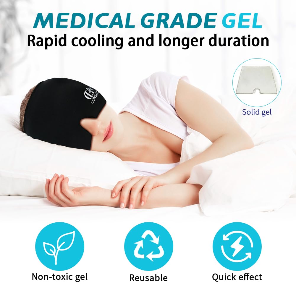 Migraine Relief Cap, Soothing Headache Ice Face Mask Products, Hot and Cold Therapy, Migraine Headache Relief Cap for Migraine, Sinus, Puffy Eyes, Tension, Stress and Hangover (Black+Blue2)
