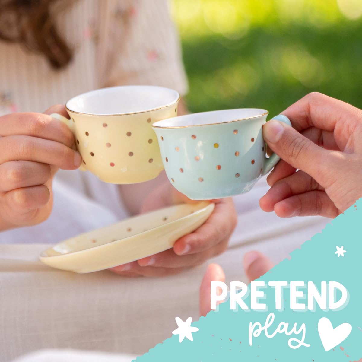 Porcelain Tea Set for Girls - Pastel with Gold Polka Dot Tea Party Set for Kids I Complete Children Tea Sets with Carry Case, Birthday Gift for Little Girls & Toddlers