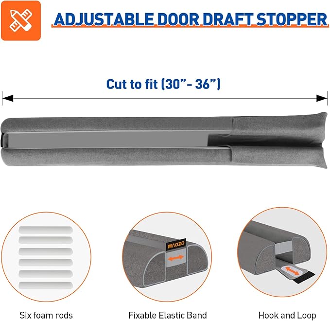 MAGZO Door Draft Stopper, 36 Inch Adjustable Under Door Gap Filler, Fits 30'' - 36'' Bottom Widths, Seals Gaps up to 1.7", Soundproof Sweep Blocks Air, Noise, Light, Dust- Grey
