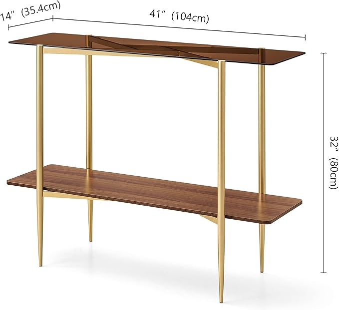 Pine Flicker Rectangle Glass Console Table, Mid-Century Modern Design, L41*W14*H32 inch, for Living Room, Amber Glass Top and Walnut Finish Wood Shelf, Conical Metal Legs with Gold Finish