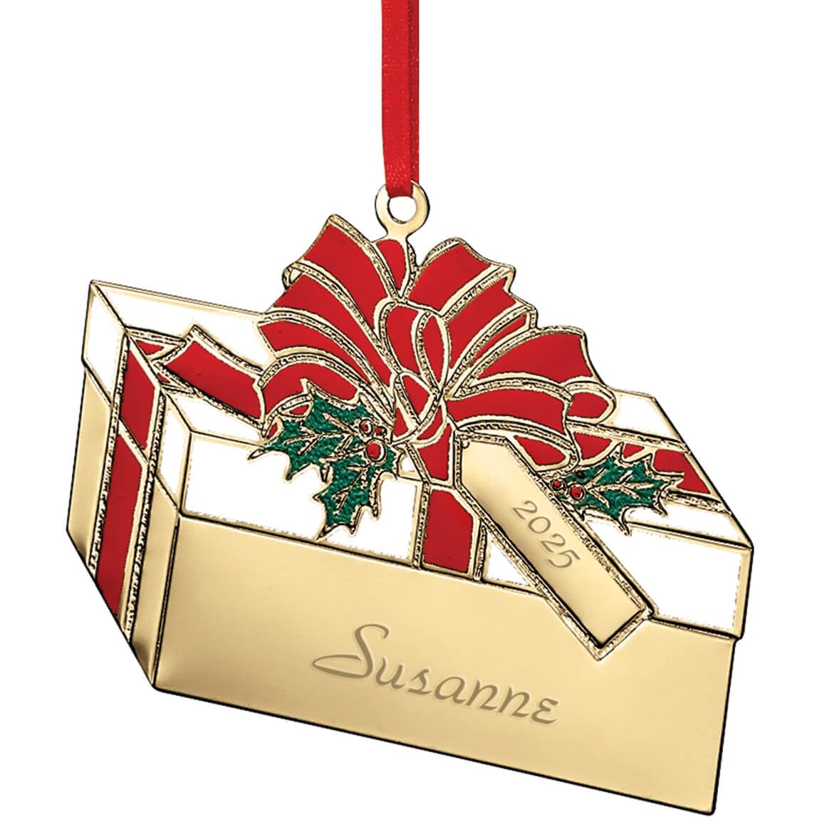 Custom Brass Present Ornament, Includes Red Hanging Ribbon, Seasonal Décor – Measures 3 ¼” Wide x 2 ½” High