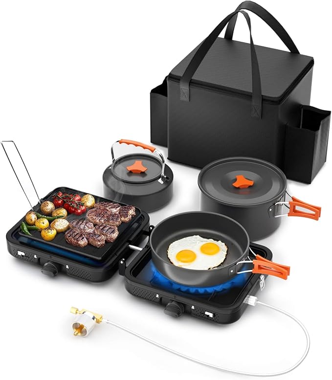 Hisencn Camping Stove,2 Burner Propane Stove,20000 BTU/h Camping Cooking set Includes Frying Pan,Kettle and Pot,Adjustable...
