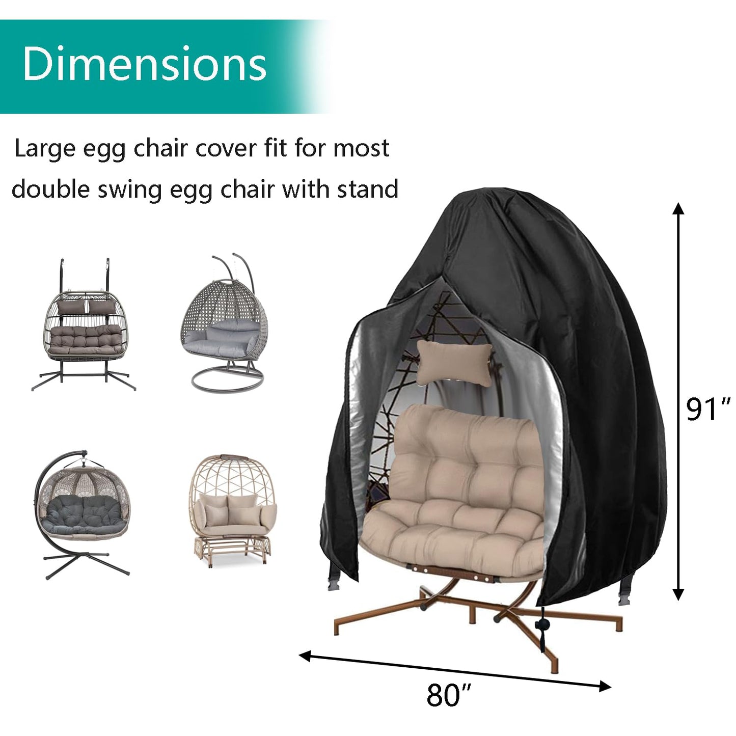 【Upgraded】Patio Egg Chair Covers with Zipper, 91 x 80 Large Wicker Egg Swing Chair Covers, Waterproof Heavy Duty Weather Resisatnt Outdoor Chair Cover, Windproof Hanging Chair Cover, Black, 1 Pack