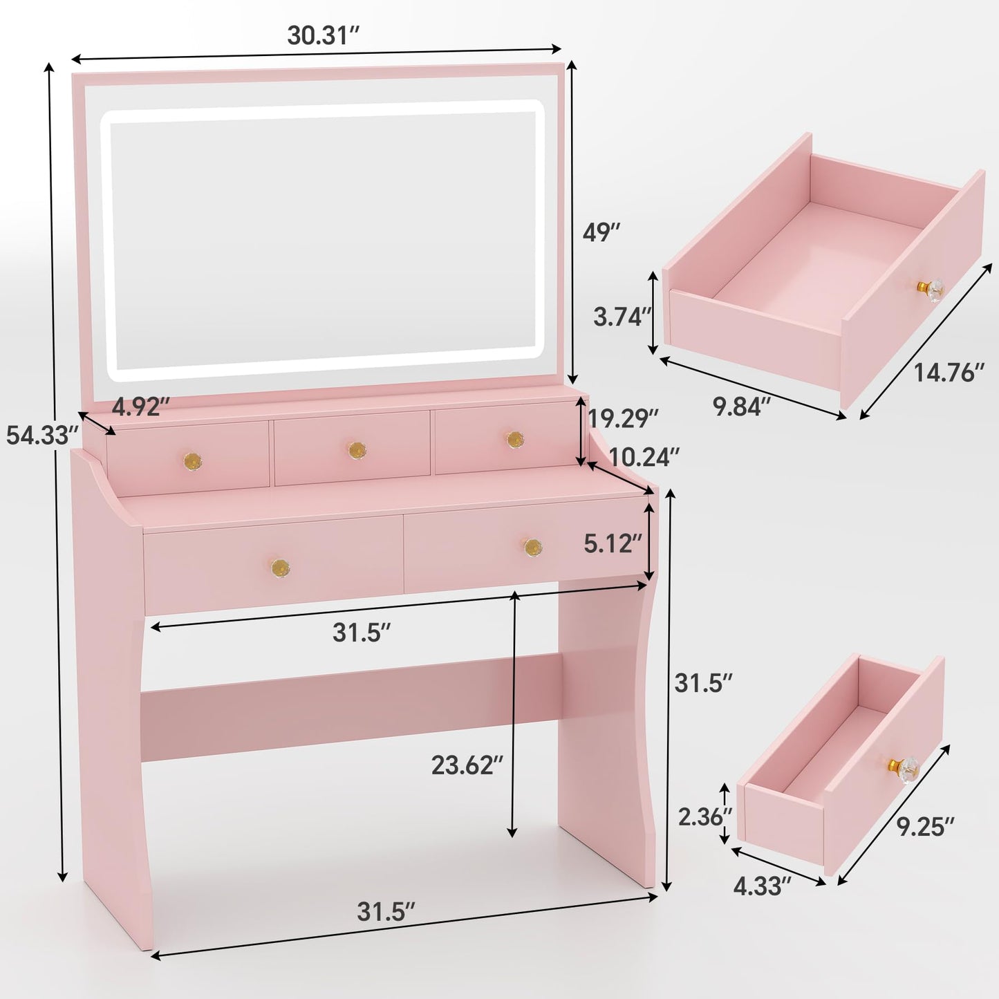 COMHOMA Makeup Vanity Desk with Mirror and Lights, Vanity Table and Chair Set with 5 Drawers and Charging Station, Bedroom Dresser LED Mirror Stepless Dimmable & 3 Color Modes Adjustable, Pink