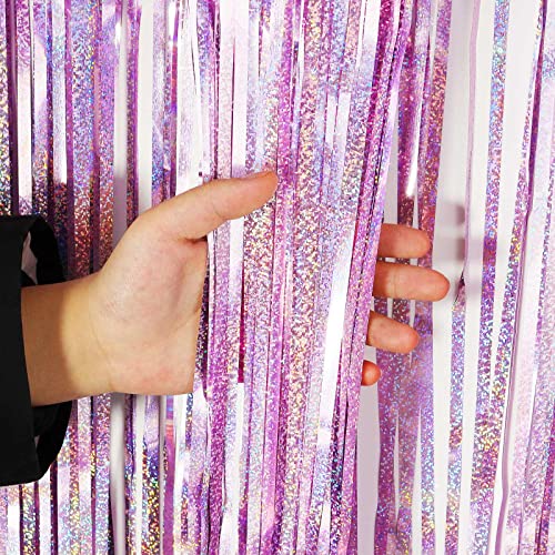 Light Purple Fringe Curtain Backdrop, 2 Pack Tinsel Foil Fringe Curtains Party Decorations Streamers, Xmas Light Purple Me...