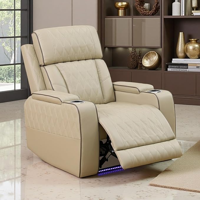 Toseslo Power Recliner Chair Set, Beige Leather Reclining Sectional Couch with Adjustable Angle, Living Room Furniture Sets, Modern Reclining Single Chair with Comfy Armrests and Backrests for RV